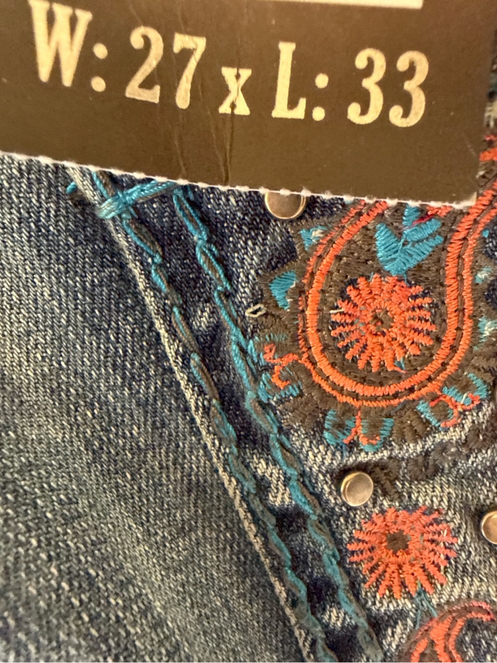 Cowgirl Tuff Blue Denim Wide-Leg Jeans with Orange Paisley Embroidery - Picture 4 of 4